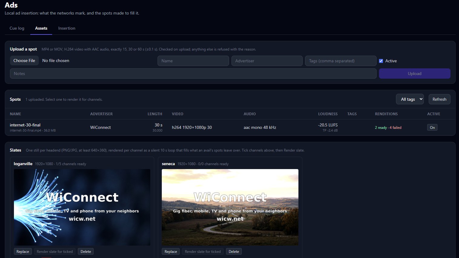 SailFin Ads page with an uploaded spot and per-headend slates