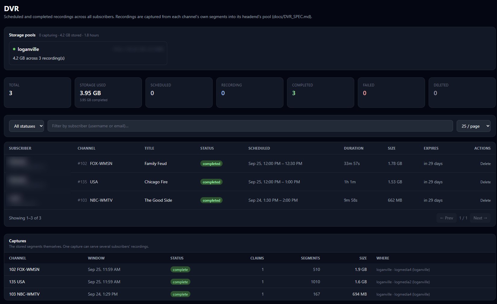 SailFin DVR page with storage pool, recordings and shared captures