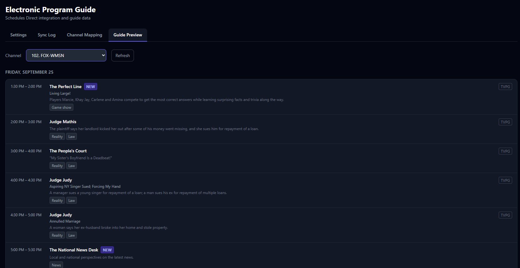 SailFin program guide preview for a channel