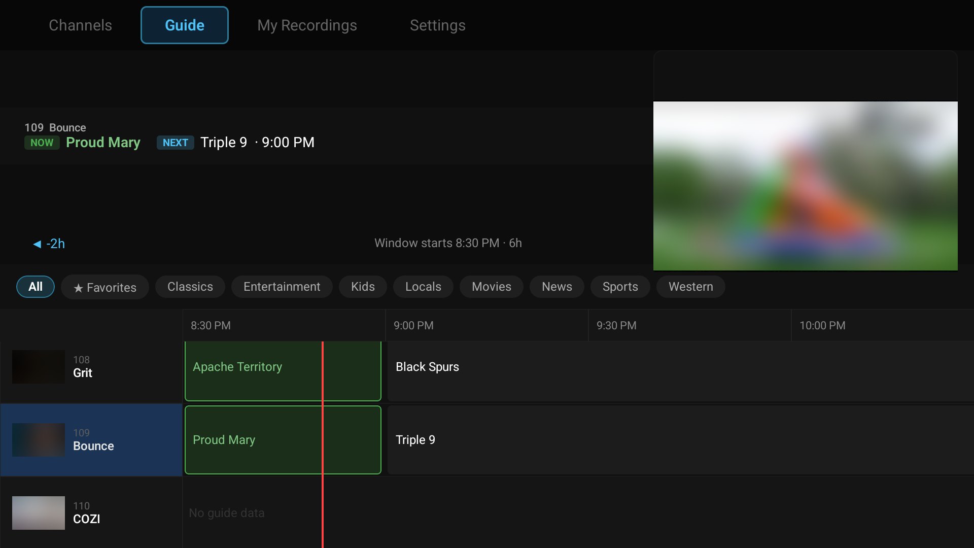 SailFin TV guide grid with now and next information