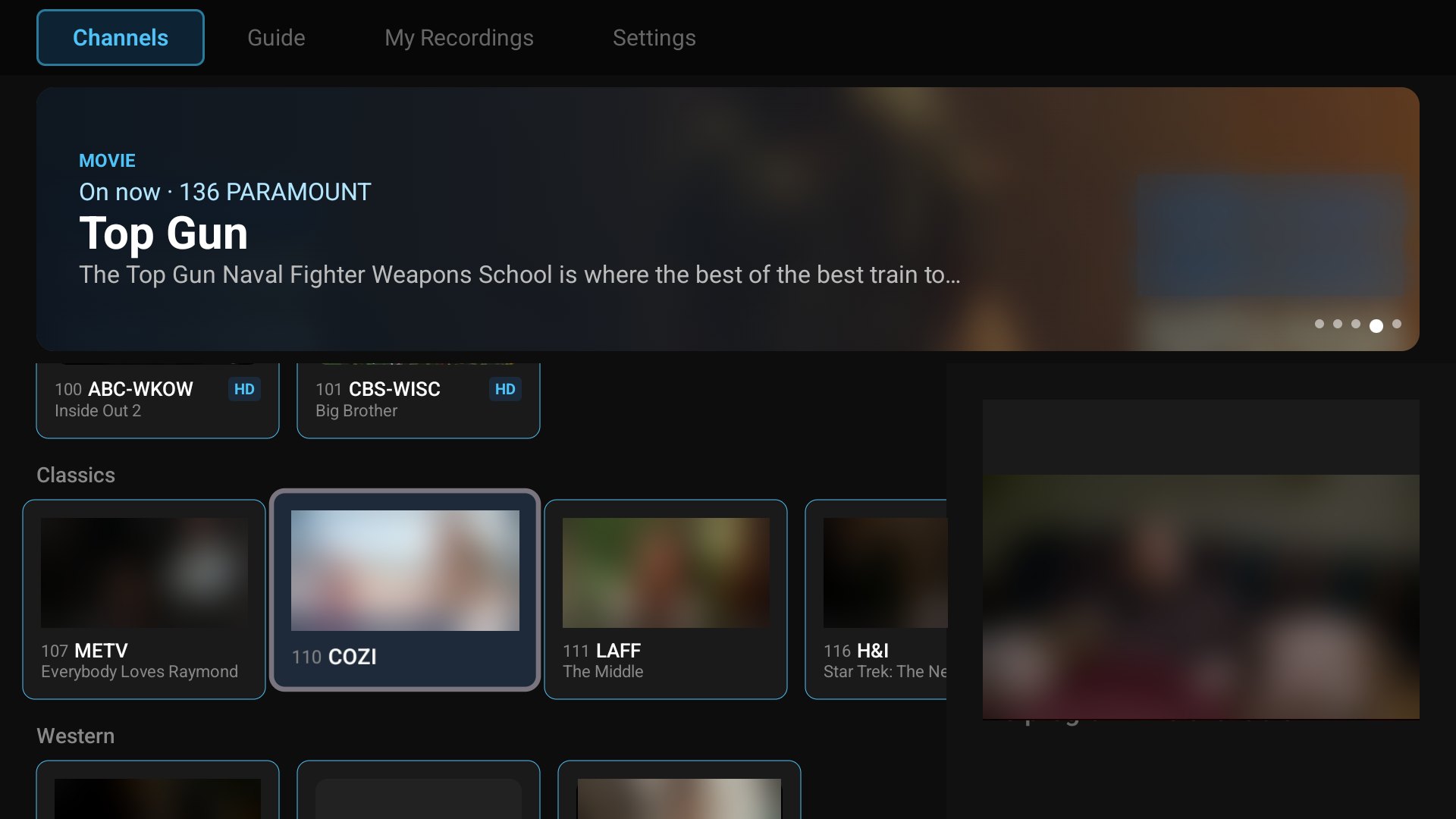 SailFin TV home screen with a Tonight highlight banner and channel rows